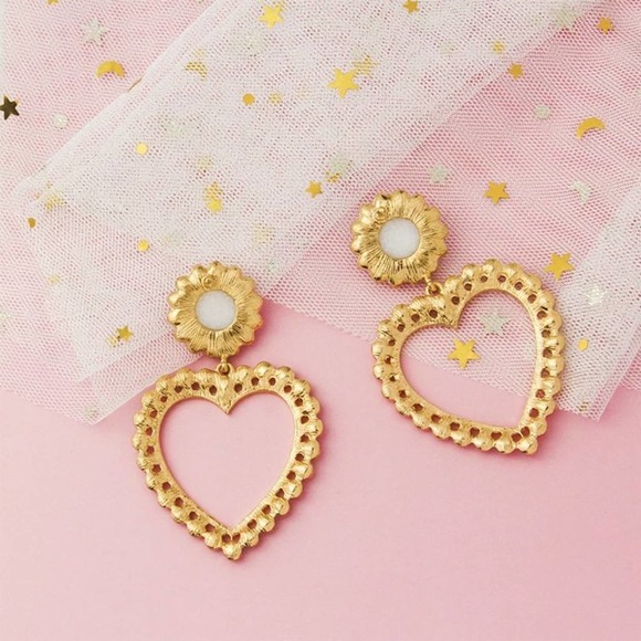 Heart Large Pearl Simulated Diamonds Drop Earrings 18k Gold Plated - Picture 5 of 6